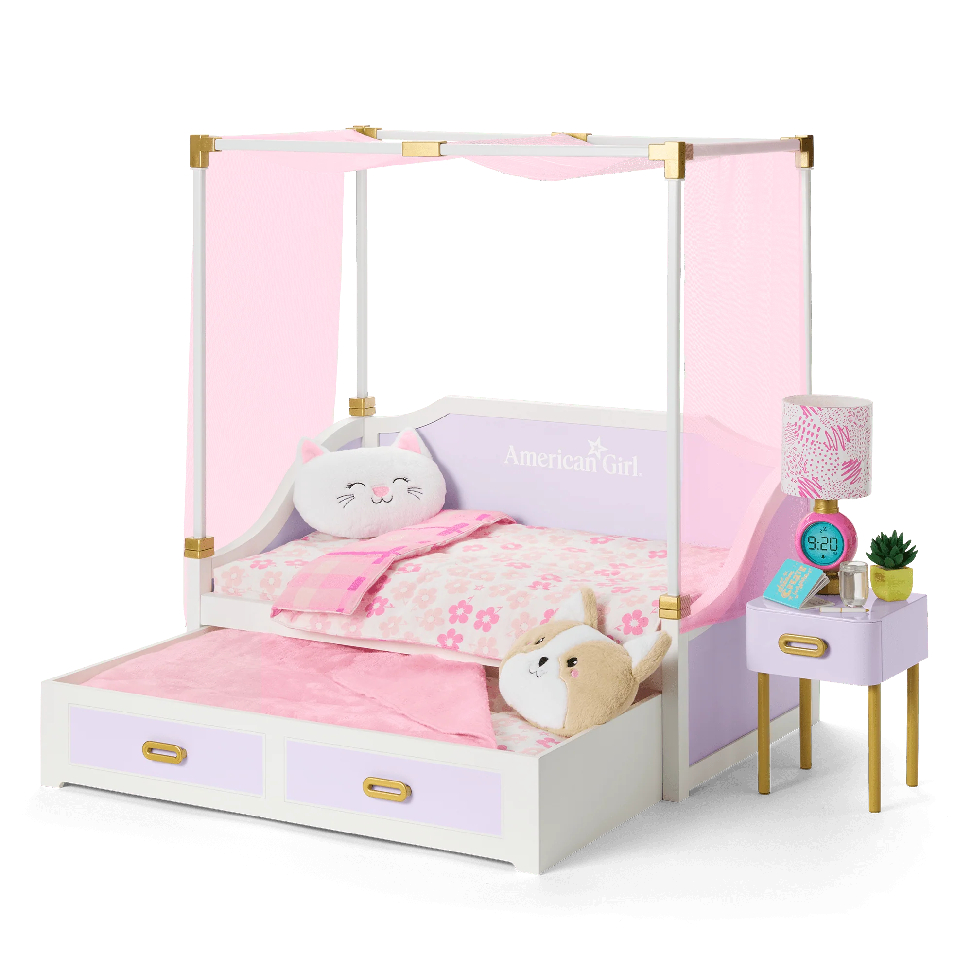 All Set for Sleepovers Canopy Bed & Nightstand for 18-inch Dolls