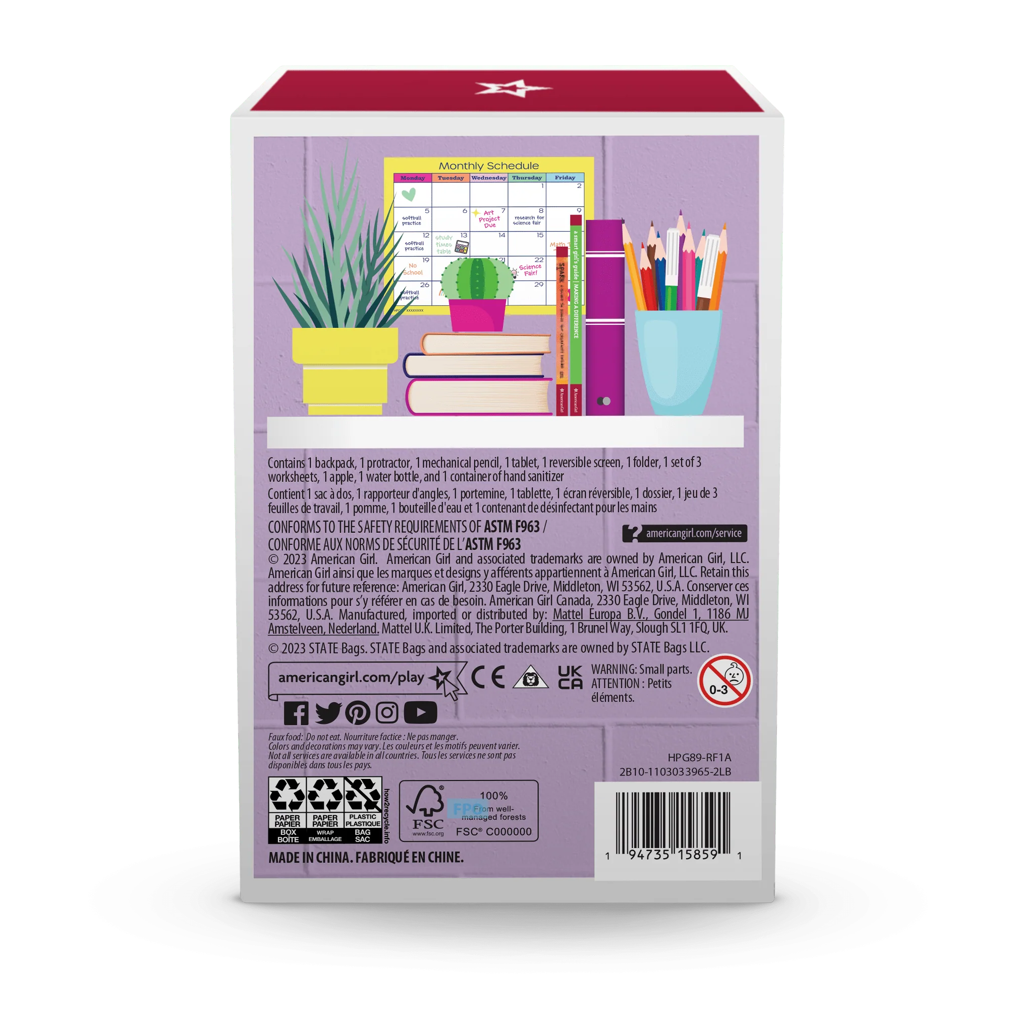 Star Student Backpack Set for 18-inch Dolls